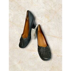 Audley London Leather Block Heel Pumps Womens 40 Dk Teal Green Pleated Toe-READ